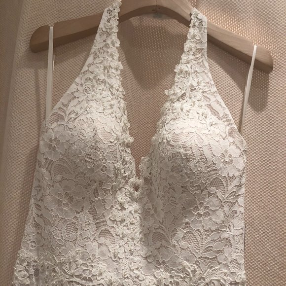 Natural/latte liner, halter, deep V, fit and flare, pearls - Picture 2 of 5